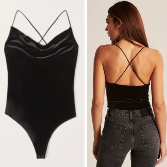 Abercrombie & Fitch Black Velvet Cowl Neck Strappy Cross Back Bodysuit - Picture 1 of 4